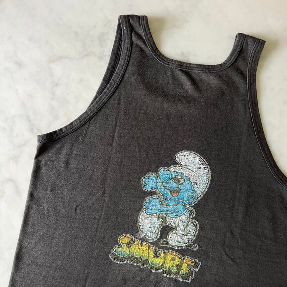 Vintage 80s Playboy Smurf Iron On Two Sided Black Tank Top / S M - Picture 6 of 7